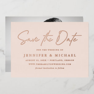 Invitación Con Relieve Metalizado Guión casual Boda de fotos de Rubor Guardar la fec