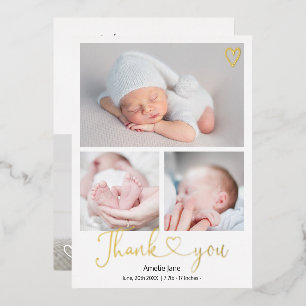 Invitación Con Relieve Metalizado guión de agradecimiento corazón 4 fotos nacimiento
