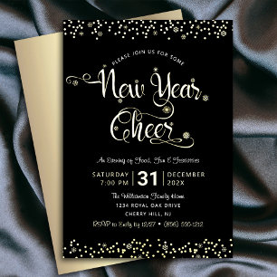 Invitación Con Relieve Metalizado Guión de alegría de año nuevo Fiesta Chic Negro Or