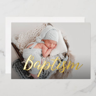 Invitación Con Relieve Metalizado Guión de Bautizo de Foto de Bebé Agradecido Elegan