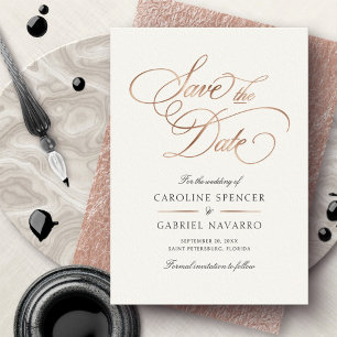 Invitación Con Relieve Metalizado Guión de Caligrafía Formal para Boda Save the Date