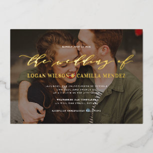Invitación Con Relieve Metalizado Guión de Caligrafía Moderna Foto Boda REAL