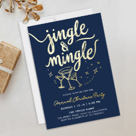 Invitación Con Relieve Metalizado Guión de Cocktail Jingle And Mingle Azul Marino Mo