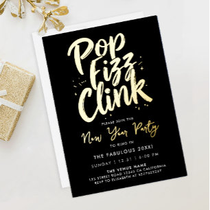Invitación Con Relieve Metalizado Guión de fiesta de año nuevo negro elegante Pop Fi