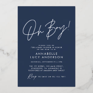 Invitación Con Relieve Metalizado guión de fiesta de bebé niño azul bebé elegante