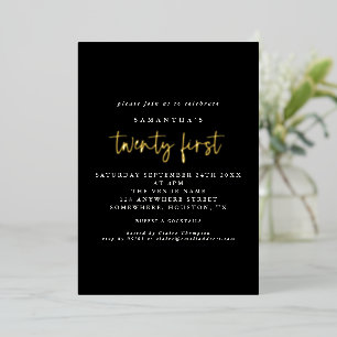 Invitación Con Relieve Metalizado Guión de fiesta de cumpleaños 21 Glam negro real