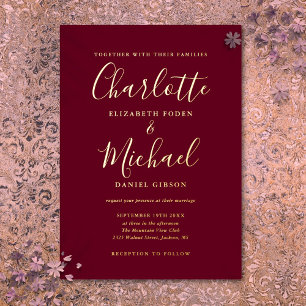 Invitación Con Relieve Metalizado Guión de firma Boda Burgundy y oro