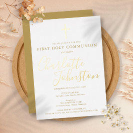 Invitación Con Relieve Metalizado Guion de firma de oro Primera Santa Comunión