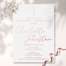 Invitación Con Relieve Metalizado Guión de firma Rosa Dorado Primera Comunión 