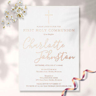 Invitación Con Relieve Metalizado Guión de firma Rosa Dorado Primera Comunión 