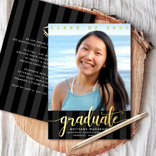 Invitación Con Relieve Metalizado Guión de foto de graduación con rayas negras y oro