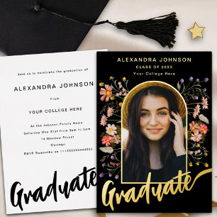 Invitación Con Relieve Metalizado Guión de Foto de Graduación Floral Fiesta de Gradu