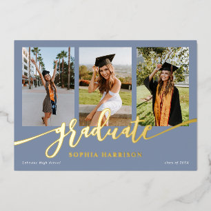 Invitación Con Relieve Metalizado Guión de graduación 3 Fotos Azul Polvoriento Gradu