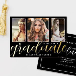Invitación Con Relieve Metalizado Guión de graduación de papel de oro 3-Fotos de gra