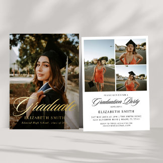Invitación Con Relieve Metalizado Guión de graduado moderno 4 Fotos Graduación