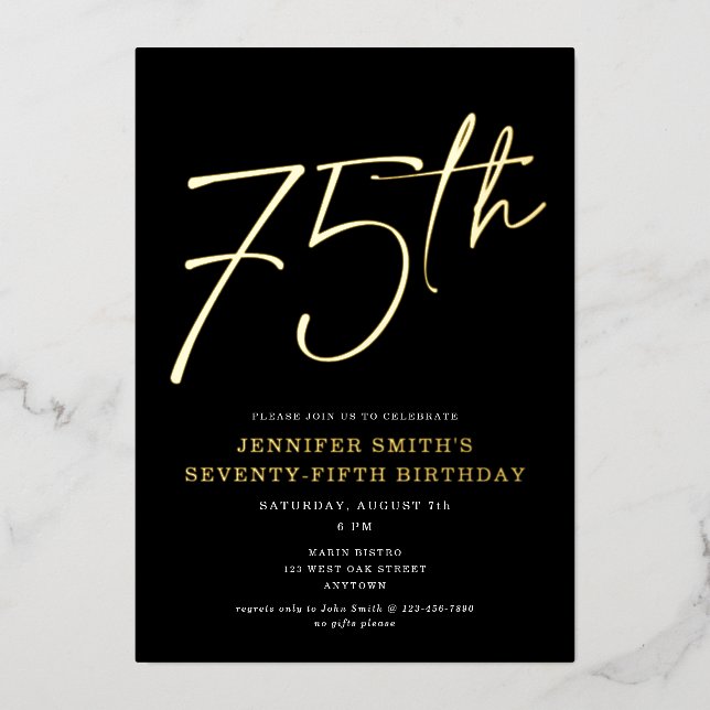 Invitación Con Relieve Metalizado Guión de Moda moderna 75 cumpleaños fiesta de oro (Anverso)
