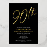 Invitación Con Relieve Metalizado Guión de Moda moderna Ninetieth 90th Birthday Part<br><div class="desc">Esta moderna invitación a la fiesta de cumpleaños 90 cuenta con un fondo negro de moda con guión de Relieve metalizado dorado elevado y una tipografía moderna en blanco y plano. El guión dice "90". Todos los colores son de personalizable completo y sencillo. ¡Incluso puedes añadir una foto al fondo!...</div>