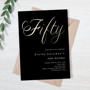Invitación Con Relieve Metalizado Guión de oro negro de lujo cumpleaños 50