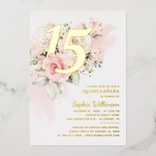 Invitación Con Relieve Metalizado Guión de Quinceañera de 15 cumpleaños floral oro