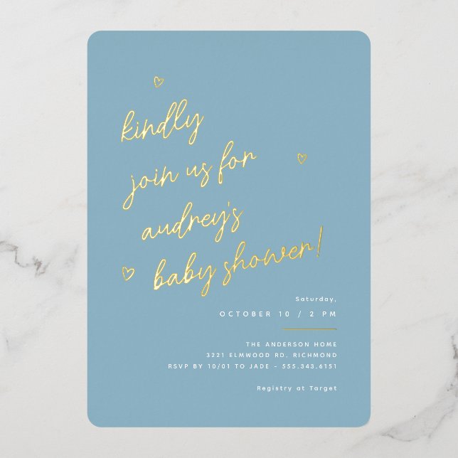 Invitación Con Relieve Metalizado Guión dorado | Baby Shower Modern Light Blue Boy (Anverso)