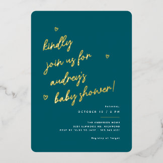 Invitación Con Relieve Metalizado Guión dorado | Baby Shower Verde azulado oscuro ne