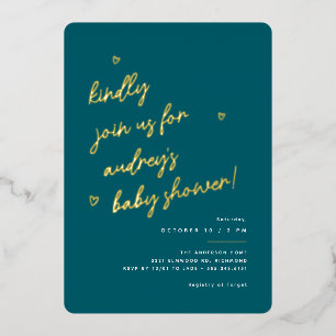 Invitación Con Relieve Metalizado Guión dorado   Fiesta de bebé de género neutral en