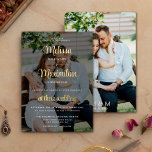 Invitación Con Relieve Metalizado Guión dorado moderno 2 fotos boda overlay<br><div class="desc">Una moderna y moderna invitación a la boda de dos caras con fotos de tu boda mostrando tu información sobre una de tus fotos favoritas con un overlay negro transparente y acentuado por una tipografía de escritura elegante en Relieve metalizado de oro real. Fácil personalizable con los detalles de la...</div>