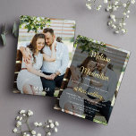 Invitación Con Relieve Metalizado Guión dorado moderno 2 fotos boda overlay<br><div class="desc">Una moderna y moderna invitación a la boda de dos caras con fotos de tu boda mostrando tu información sobre una de tus fotos favoritas con un overlay negro transparente y acentuado por una tipografía de escritura elegante en Relieve metalizado de oro real. Fácil personalizable con los detalles de la...</div>