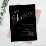 Invitación Con Relieve Metalizado Guión dorado negro de lujo Sweet 16<br><div class="desc">Una invitación moderna de Sweet 16. El clásico fondo negro y la palabra Dieciséis escritos con letras grandes en falso oro. Personalice y agregue un nombre y detalles del fiesta. Texto blanco.</div>