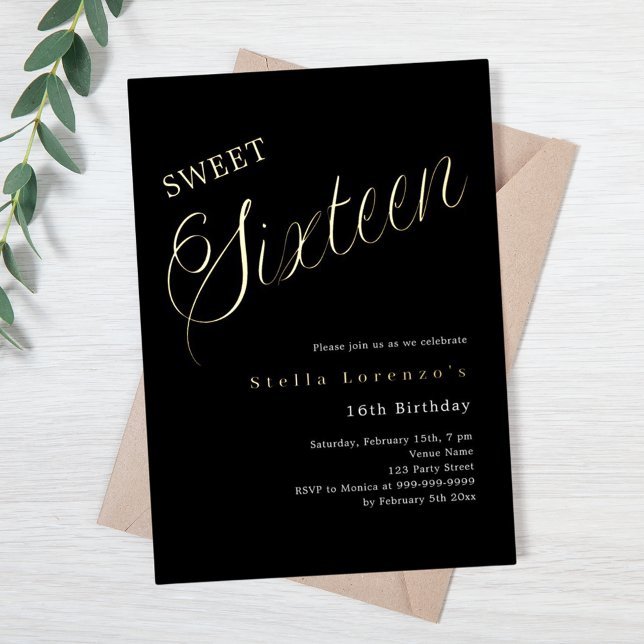 Invitación Con Relieve Metalizado Guión dorado negro de lujo Sweet 16 (Subido por el creador)