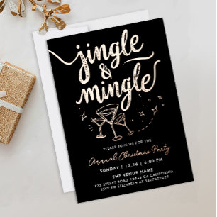 Invitación Con Relieve Metalizado Guión elegante de cóctel Jingle y Mingle negro con