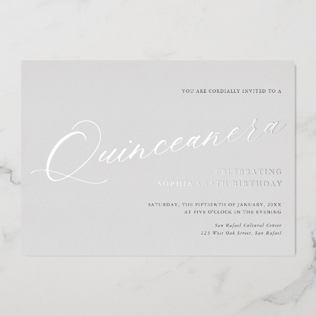 Invitación Con Relieve Metalizado Guión elegante Fiesta de cumpleaños Quinceañera Pl (Anverso)