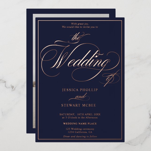 Invitación Con Relieve Metalizado Guión fotográfico azul marino borde boda rosa oro (Anverso/Reverso)