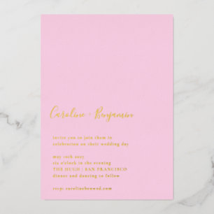 Invitación Con Relieve Metalizado Guión minimalista Boda moderno Pastel Oro rosa