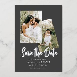 Invitación Con Relieve Metalizado guión minimalista dos Foto Guardar la Fecha Hoja