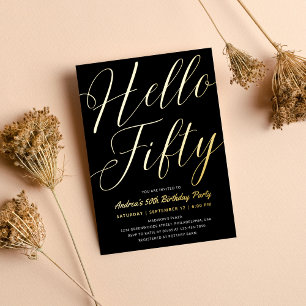 Invitación Con Relieve Metalizado Guion minimalista negro hola cincuenta cumpleaños 