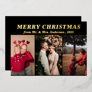 Invitación Con Relieve Metalizado Guión mínimo Tres fotos negro Feliz Navidad