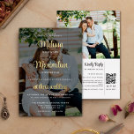Invitación Con Relieve Metalizado Guión moderno 2 fotos negro Código QR en línea RSV<br><div class="desc">Una moderna y moderna invitación a la boda de doble cara en una que muestra la información de tu boda sobre una de tus fotos favoritas con un overlay negro transparente y acentuado por una tipografía de escritura elegante en un Relieve metalizado de oro real. Fácil personalizable con los detalles...</div>