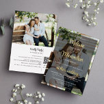 Invitación Con Relieve Metalizado Guión moderno 2 fotos negro con oro RSVP en línea<br><div class="desc">Una moderna y moderna invitación a la boda de doble cara en una que muestra la información de tu boda sobre una de tus fotos favoritas con un overlay negro transparente y acentuado por una tipografía de escritura elegante en un Relieve metalizado de oro real. Fácil personalizable con los detalles...</div>