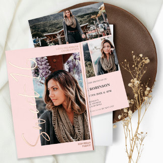 Invitación Con Relieve Metalizado Guión moderno 4 fotos color rosa dulce 16 oro rosa