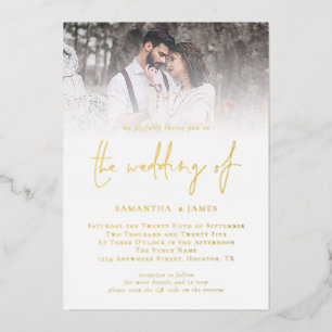 Invitación Con Relieve Metalizado Guión moderno Código QR Foto Boda de lujo oro