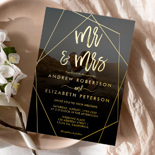 Invitación Con Relieve Metalizado Guión moderno de Sr Sra terrario foto boda oro