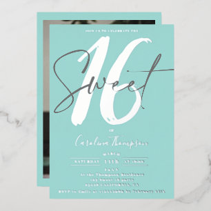 Invitación Con Relieve Metalizado Guión moderno foto azul teal Sweet 16 plata