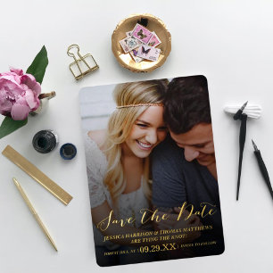 Invitación Con Relieve Metalizado Guión moderno   Foto Personalizado Guardar La Fech