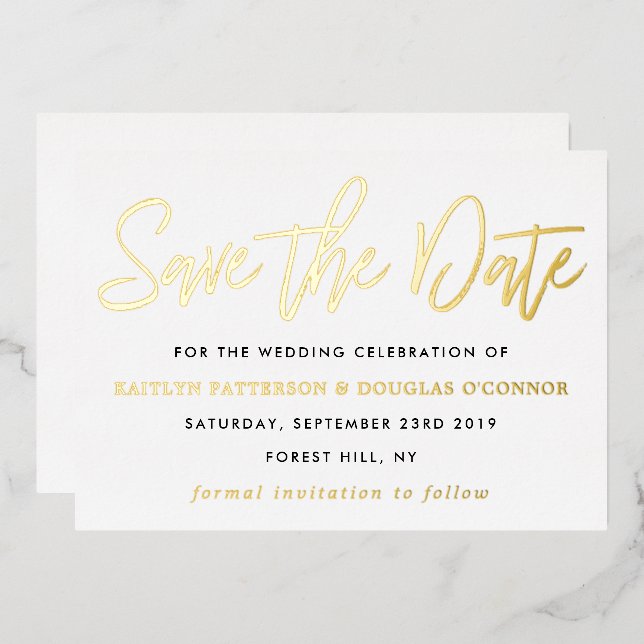 Invitación Con Relieve Metalizado Guión Moderno Guardar La Fecha Real (Anverso/Reverso)