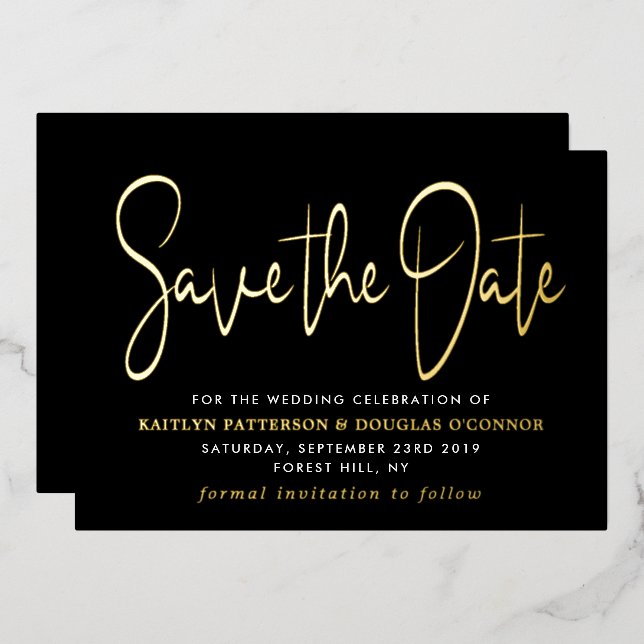 Invitación Con Relieve Metalizado Guión Moderno Guardar La Fecha Real (Anverso/Reverso)