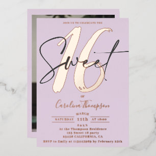 Invitación Con Relieve Metalizado Guión moderno lavanda foto Cumpleaños Dulces 16 ro