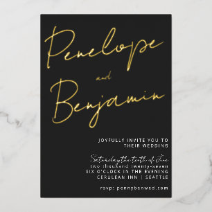 Invitación Con Relieve Metalizado Guion moderno negro blanco dorado elegante boda