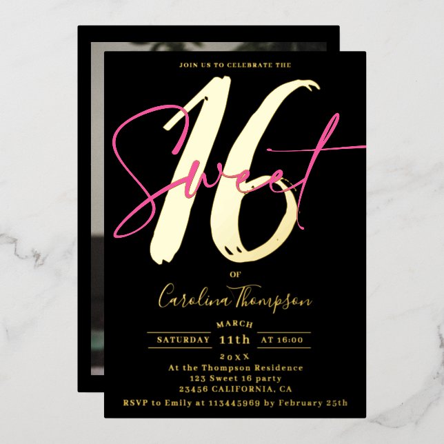 Invitación Con Relieve Metalizado Guión moderno neón foto rosa Sweet 16 gold (Anverso/Reverso)