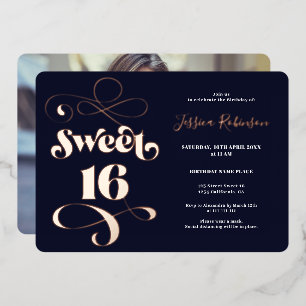 Invitación Con Relieve Metalizado Guión retro azul marino foto oro dulce 16 rosa